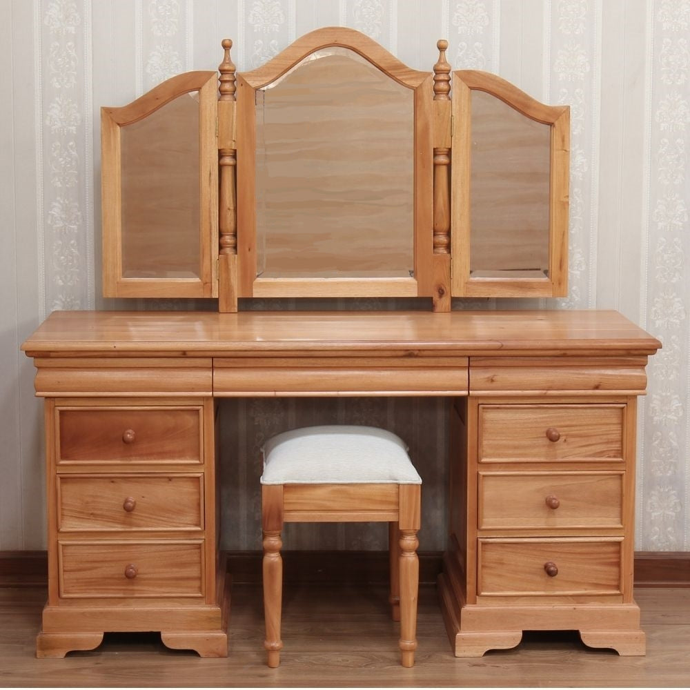 French Louis Style Solid Mahogany 9 Drawer Dressing Table + Stool & Tri Fold Mirror - CasaFenix