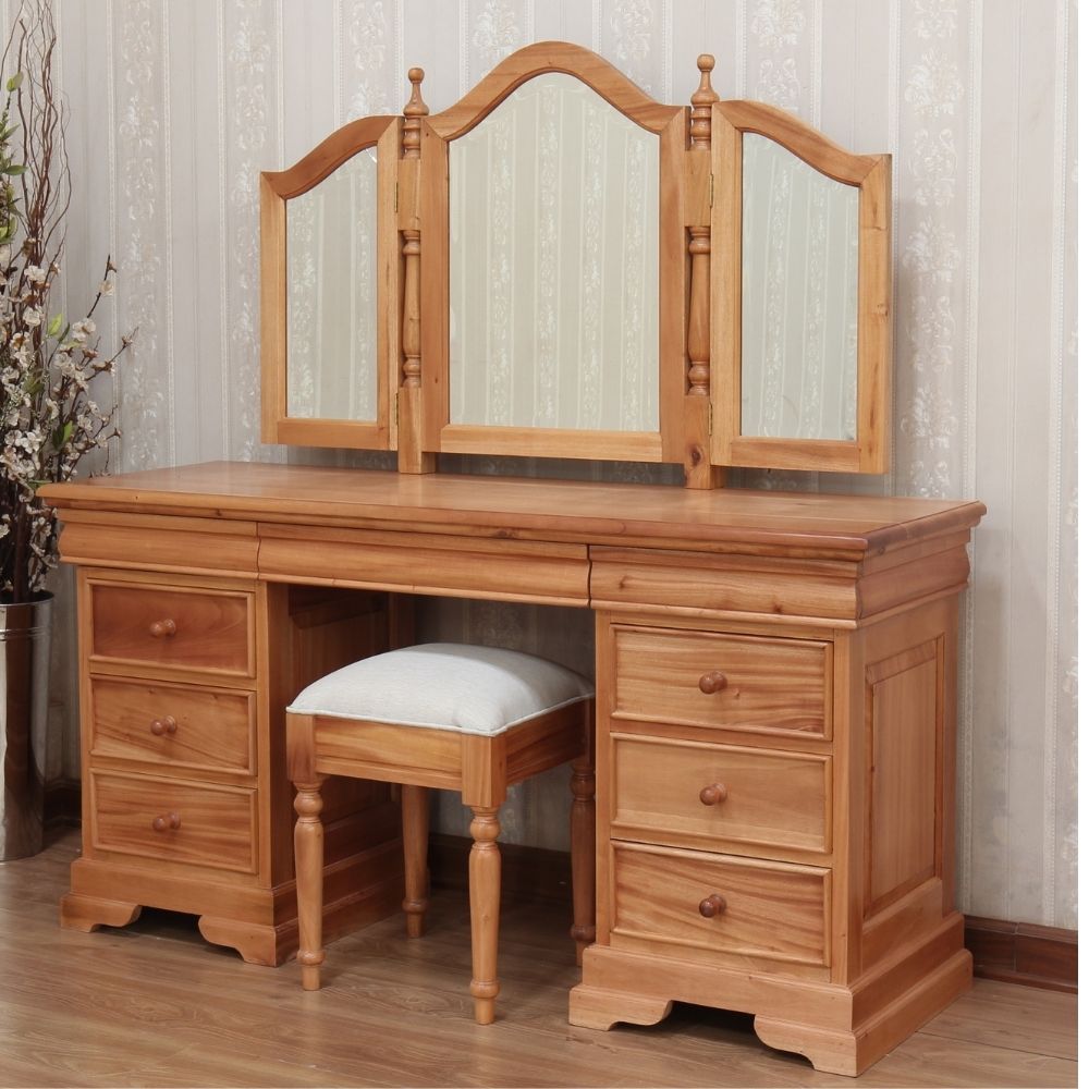 French Louis Style Solid Mahogany 9 Drawer Dressing Table + Stool & Tri Fold Mirror - CasaFenix