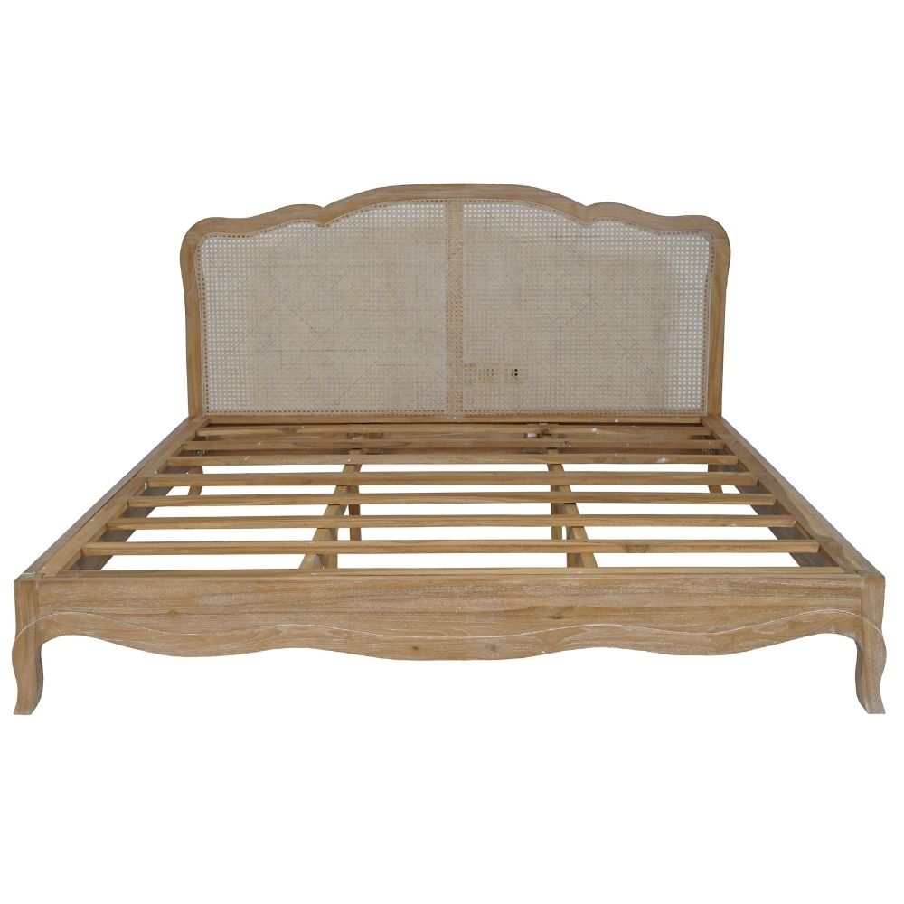 Sophia French Weathered Teak Rattan Bed Frame Carved Bed With Low Foot Board Weathered Finish - CasaFenix