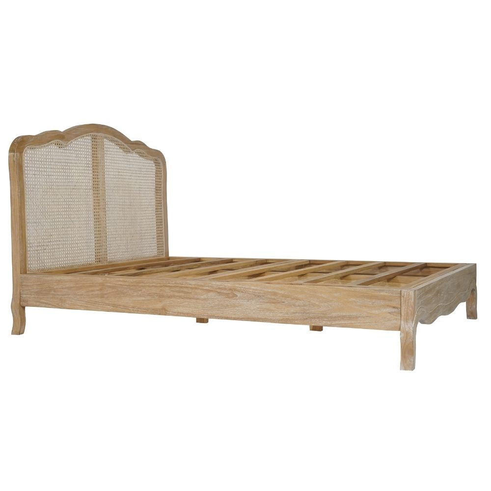 Sophia French Weathered Teak Rattan Bed Frame Carved Bed With Low Foot Board Weathered Finish - CasaFenix